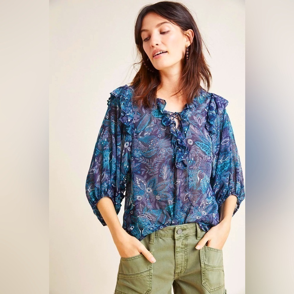 Anthropologie Sheer Floral Long Balloon Sleeve Lace Up Blue Peasant Blouse Top